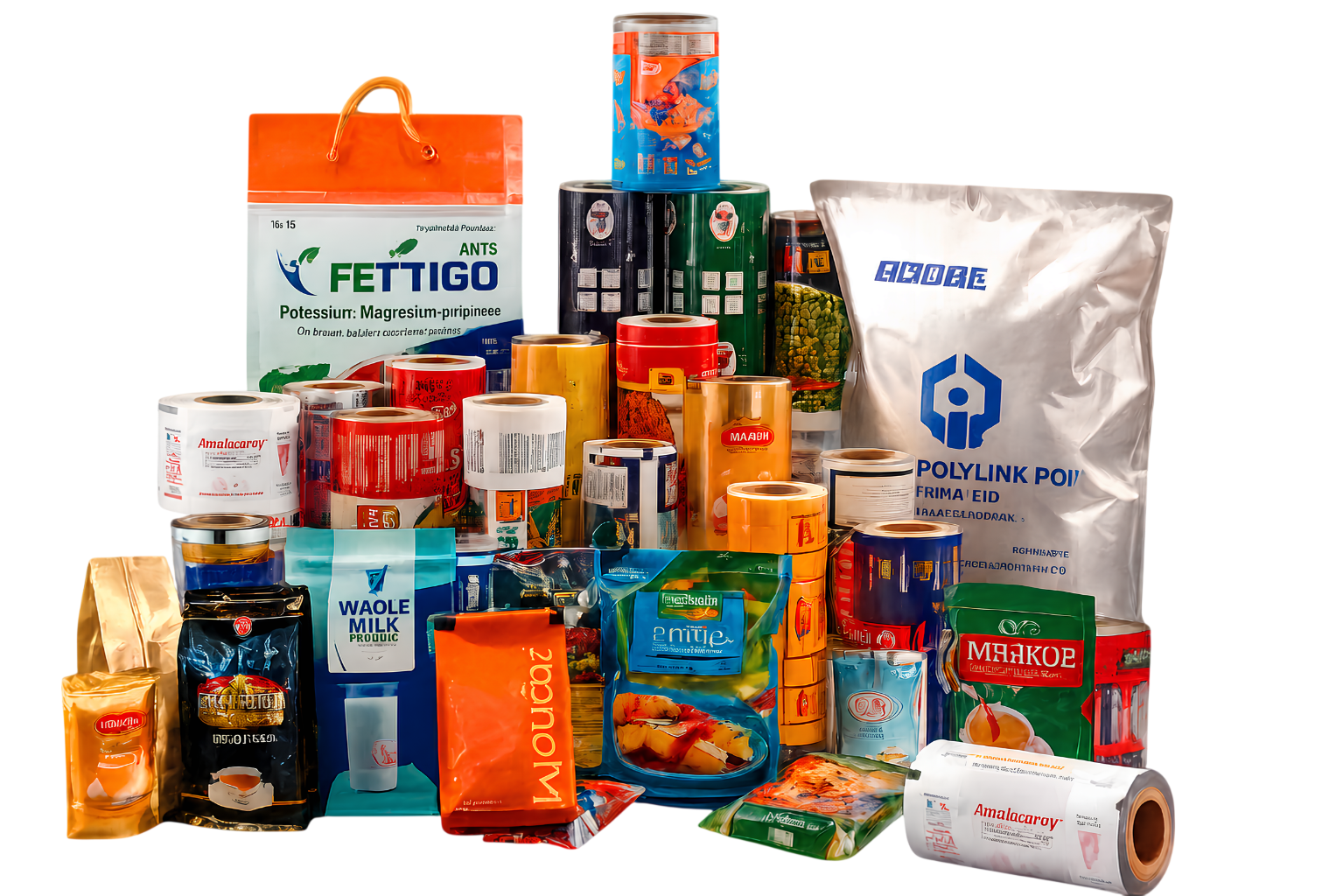 Flexible packaging pouches, rolls and films